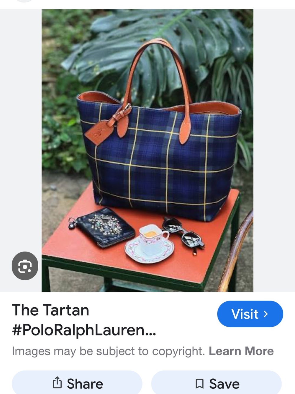 Polo by Ralph Lauren Navy Tartan Tote with Tan Leather Trim